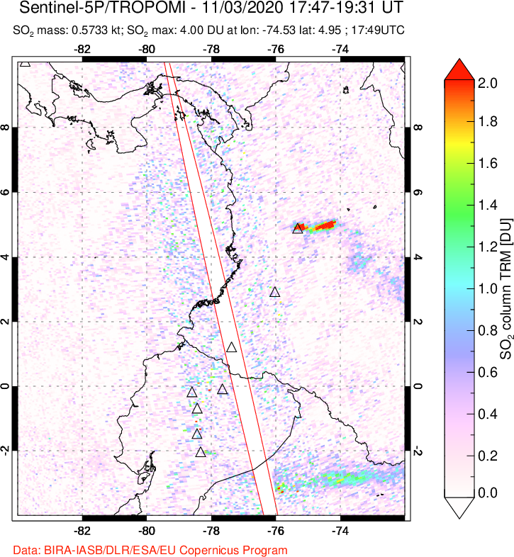 A sulfur dioxide image over Ecuador on Nov 03, 2020.