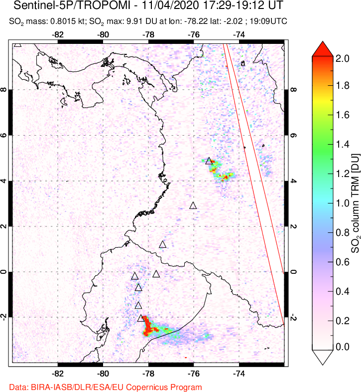 A sulfur dioxide image over Ecuador on Nov 04, 2020.