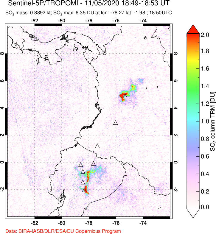 A sulfur dioxide image over Ecuador on Nov 05, 2020.