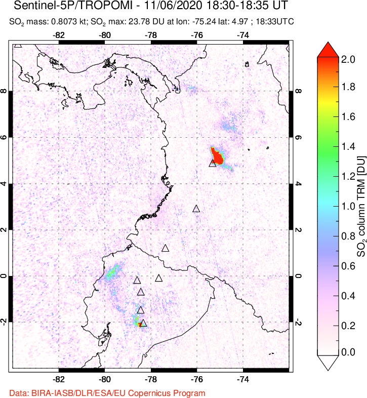 A sulfur dioxide image over Ecuador on Nov 06, 2020.