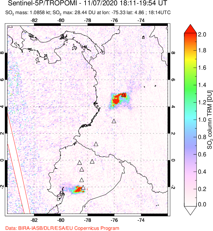 A sulfur dioxide image over Ecuador on Nov 07, 2020.