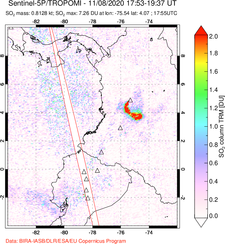 A sulfur dioxide image over Ecuador on Nov 08, 2020.