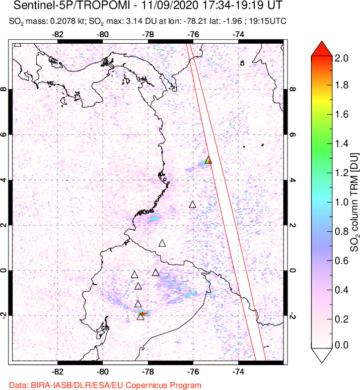 A sulfur dioxide image over Ecuador on Nov 09, 2020.