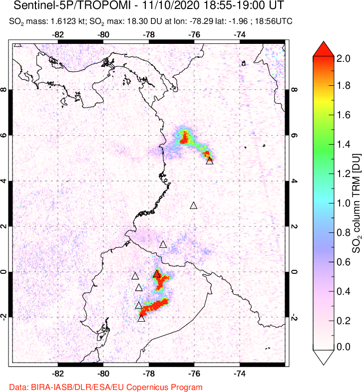 A sulfur dioxide image over Ecuador on Nov 10, 2020.