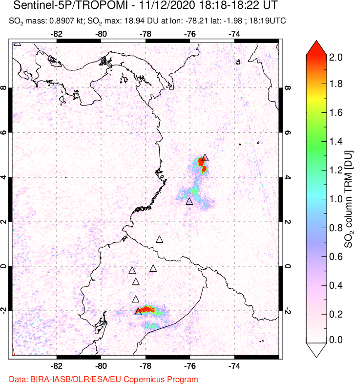 A sulfur dioxide image over Ecuador on Nov 12, 2020.