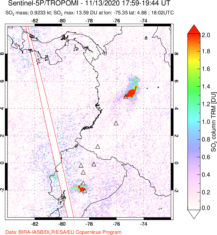 A sulfur dioxide image over Ecuador on Nov 13, 2020.