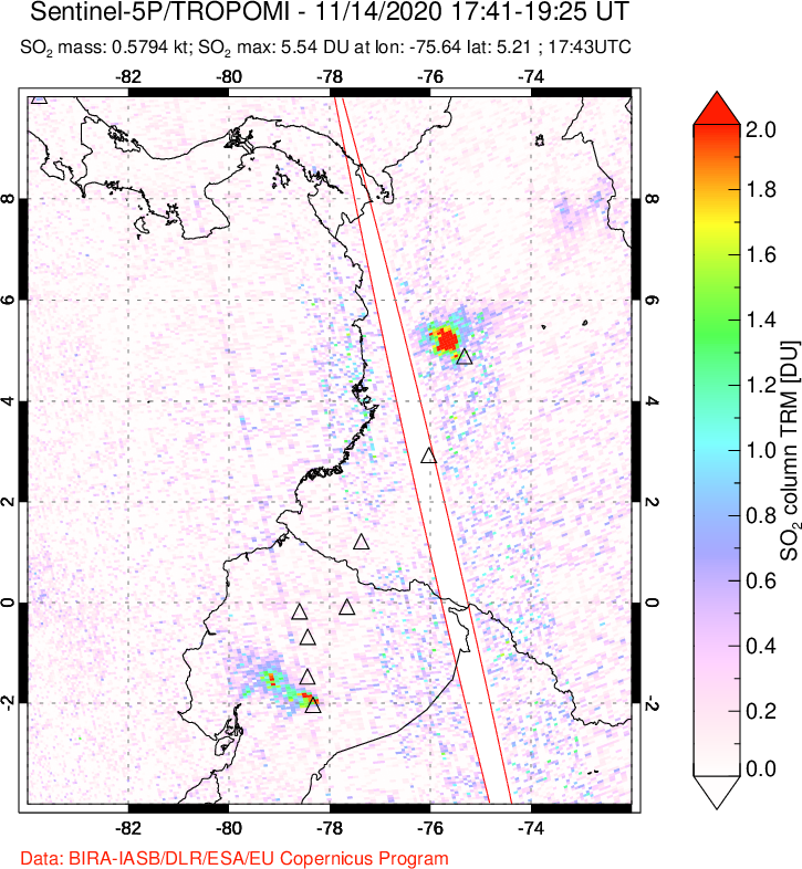 A sulfur dioxide image over Ecuador on Nov 14, 2020.