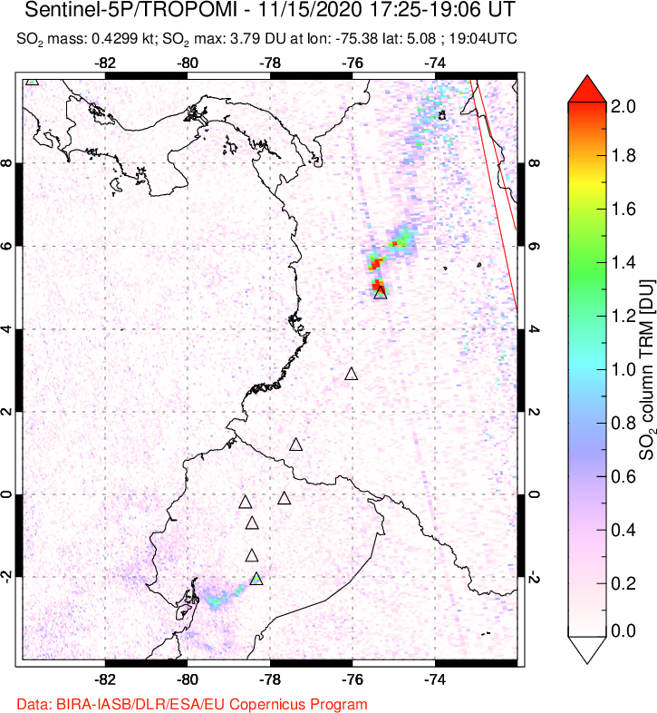 A sulfur dioxide image over Ecuador on Nov 15, 2020.