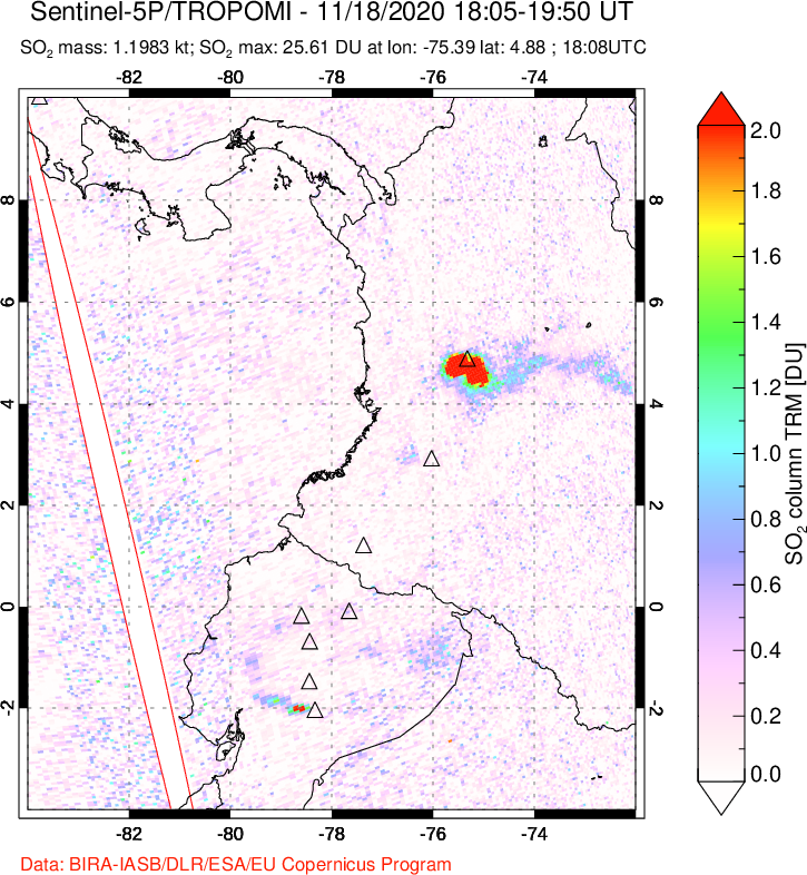 A sulfur dioxide image over Ecuador on Nov 18, 2020.