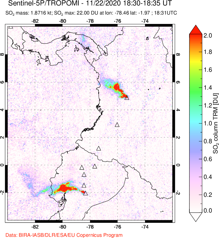 A sulfur dioxide image over Ecuador on Nov 22, 2020.
