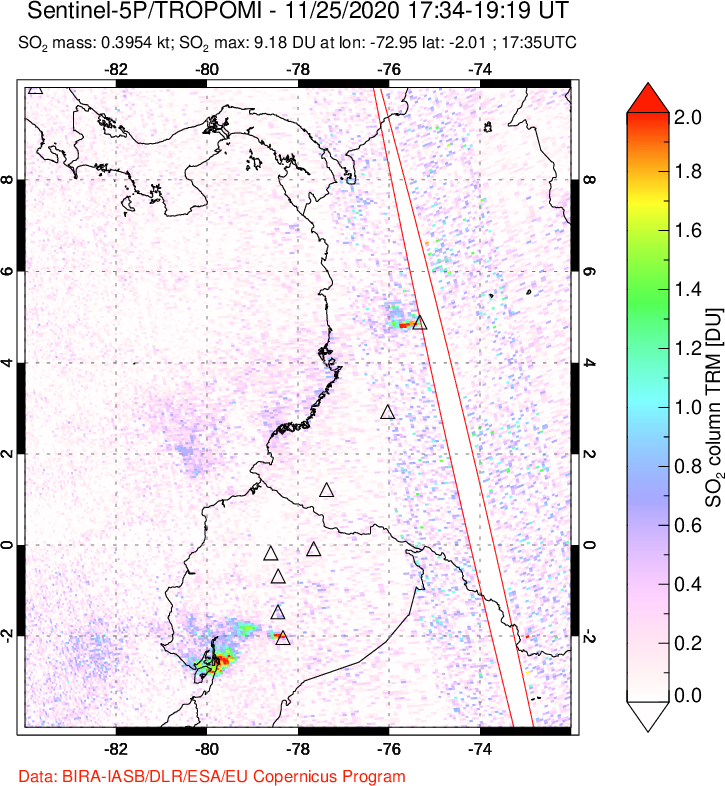 A sulfur dioxide image over Ecuador on Nov 25, 2020.