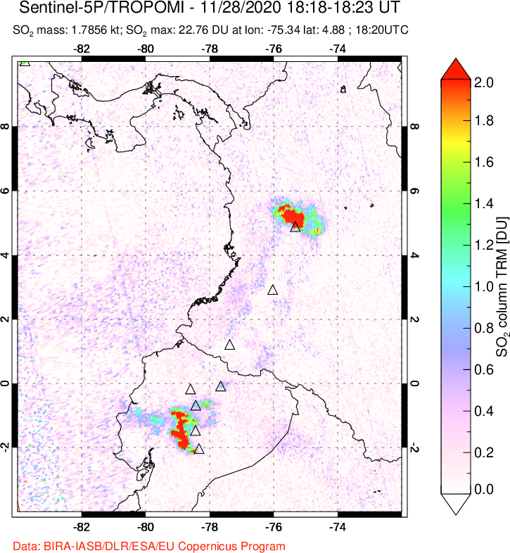 A sulfur dioxide image over Ecuador on Nov 28, 2020.