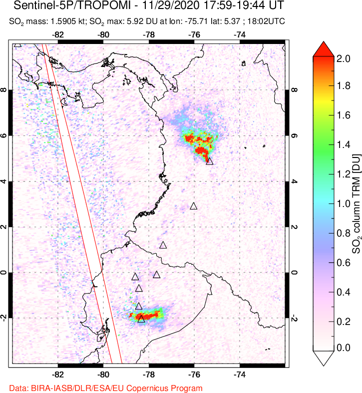 A sulfur dioxide image over Ecuador on Nov 29, 2020.