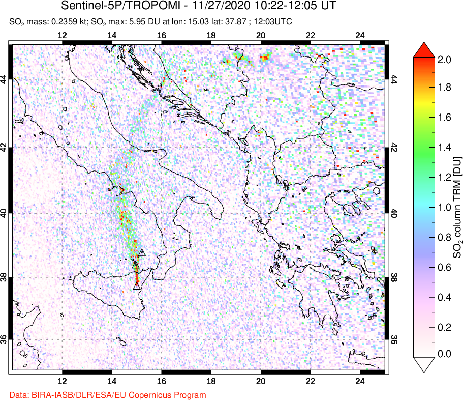A sulfur dioxide image over Etna, Sicily, Italy on Nov 27, 2020.