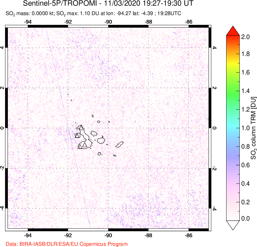 A sulfur dioxide image over Galápagos Islands on Nov 03, 2020.
