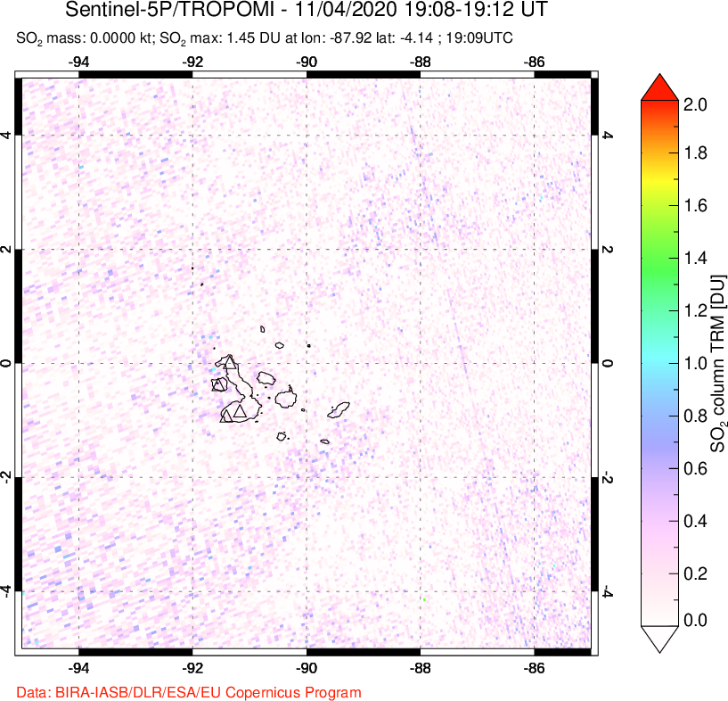 A sulfur dioxide image over Galápagos Islands on Nov 04, 2020.