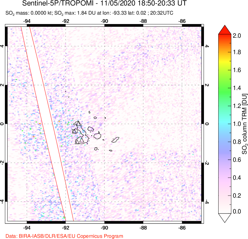 A sulfur dioxide image over Galápagos Islands on Nov 05, 2020.