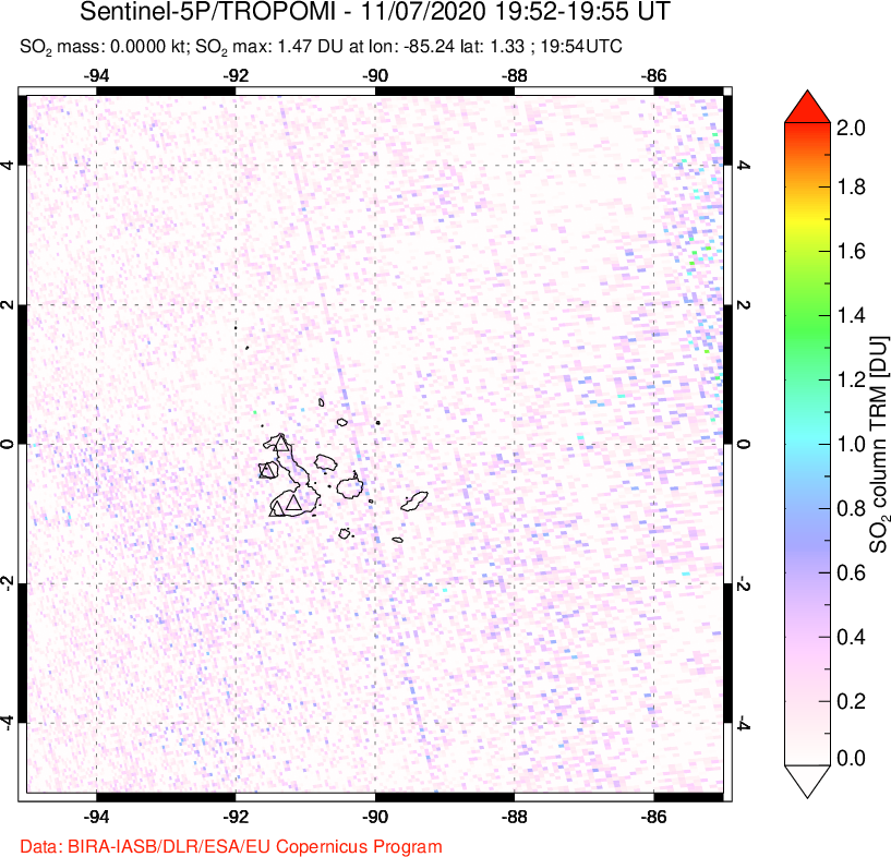 A sulfur dioxide image over Galápagos Islands on Nov 07, 2020.