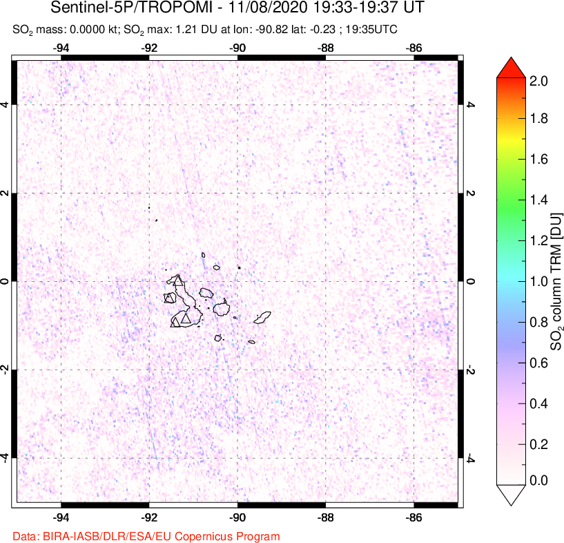 A sulfur dioxide image over Galápagos Islands on Nov 08, 2020.