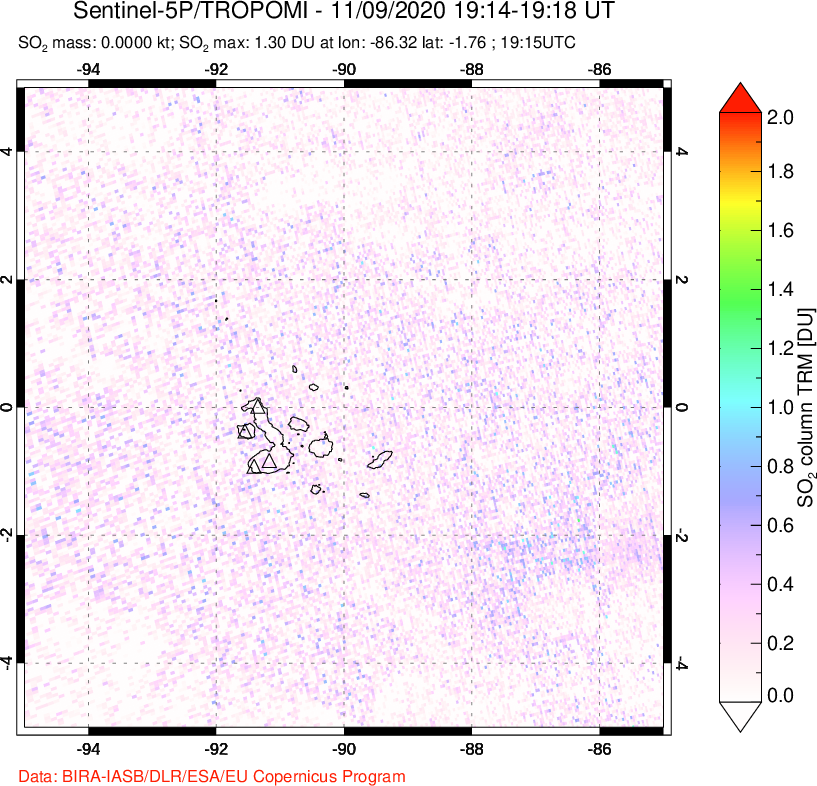A sulfur dioxide image over Galápagos Islands on Nov 09, 2020.