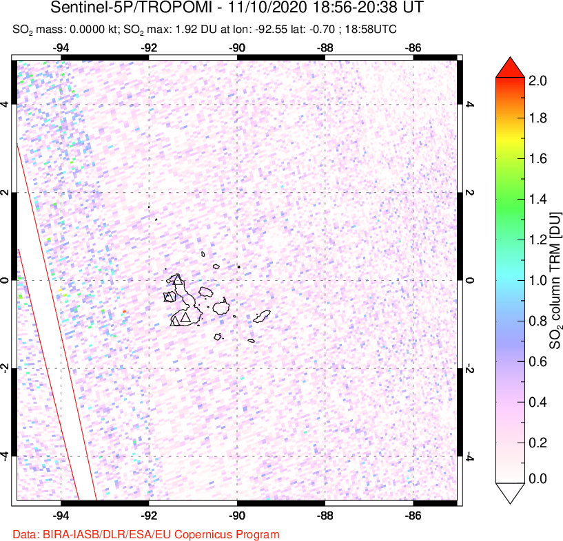 A sulfur dioxide image over Galápagos Islands on Nov 10, 2020.
