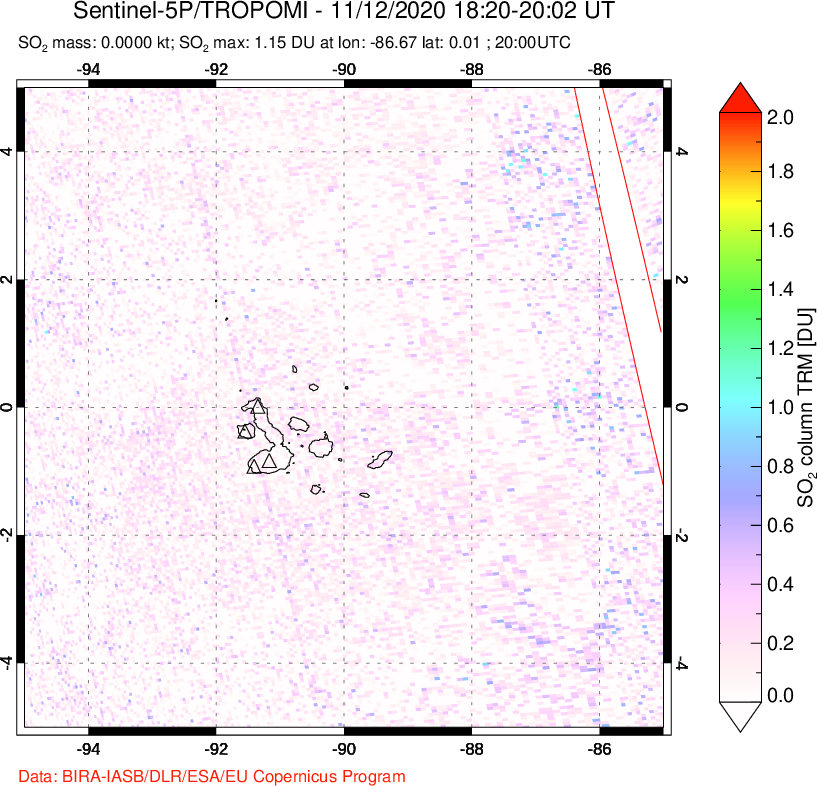 A sulfur dioxide image over Galápagos Islands on Nov 12, 2020.