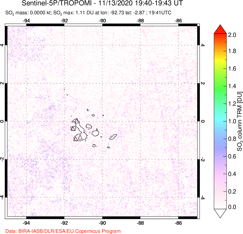 A sulfur dioxide image over Galápagos Islands on Nov 13, 2020.