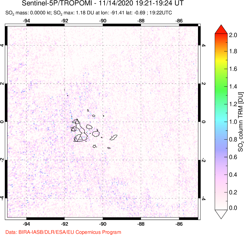 A sulfur dioxide image over Galápagos Islands on Nov 14, 2020.