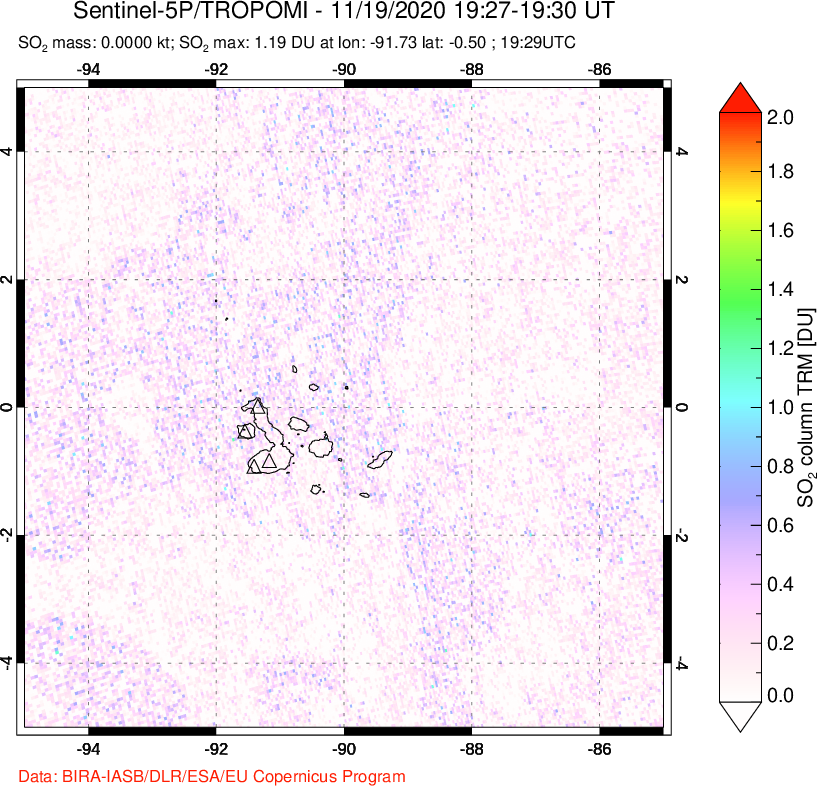 A sulfur dioxide image over Galápagos Islands on Nov 19, 2020.