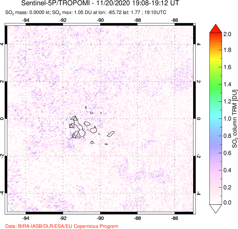 A sulfur dioxide image over Galápagos Islands on Nov 20, 2020.