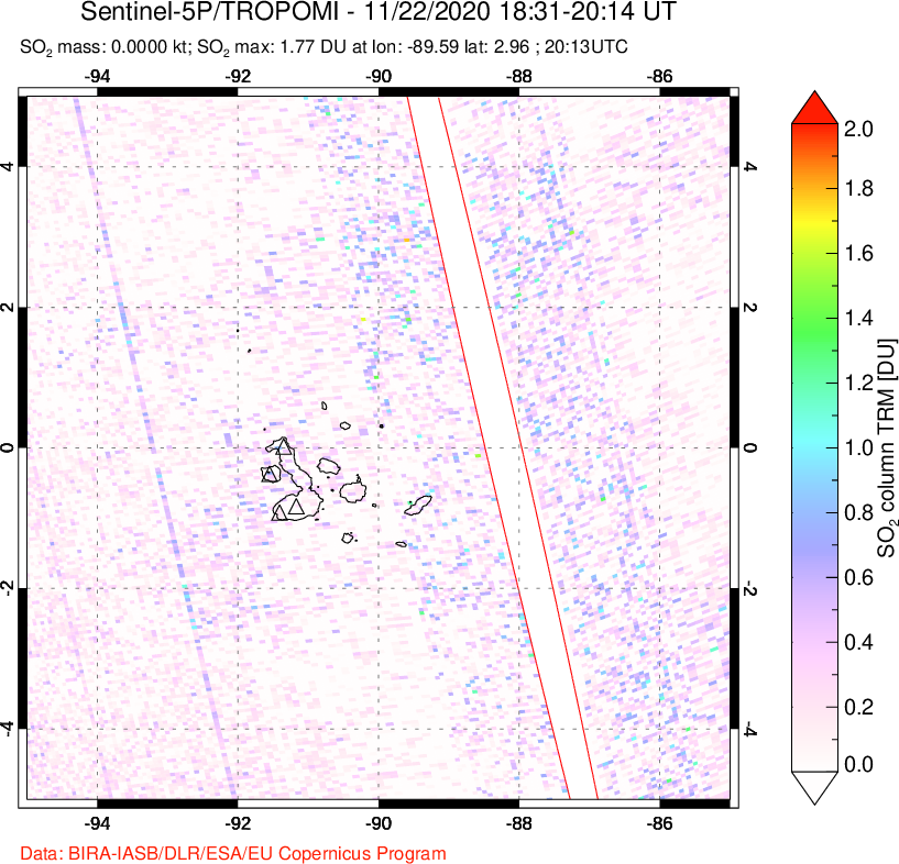 A sulfur dioxide image over Galápagos Islands on Nov 22, 2020.