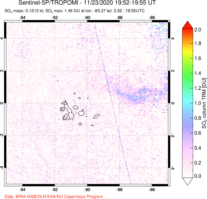 A sulfur dioxide image over Galápagos Islands on Nov 23, 2020.