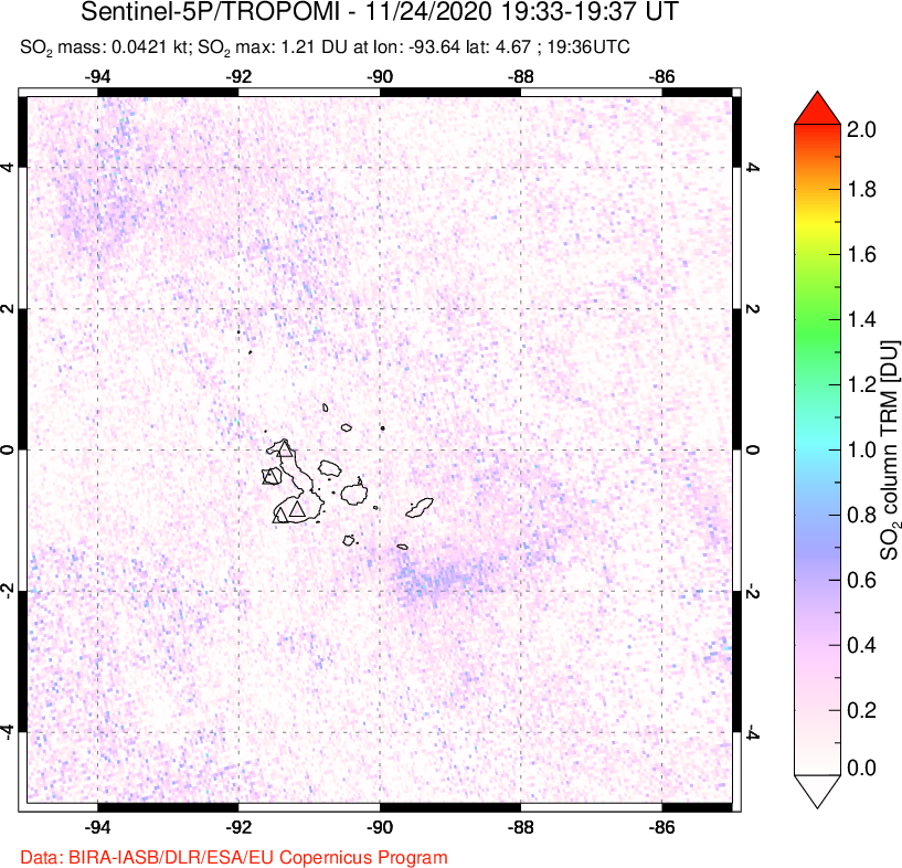 A sulfur dioxide image over Galápagos Islands on Nov 24, 2020.