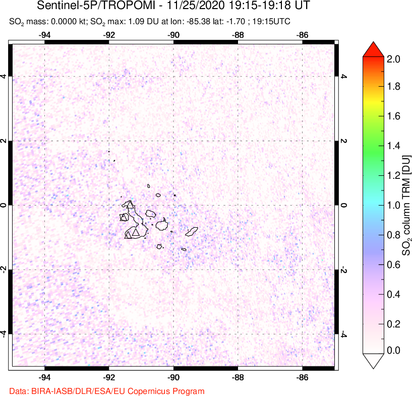 A sulfur dioxide image over Galápagos Islands on Nov 25, 2020.