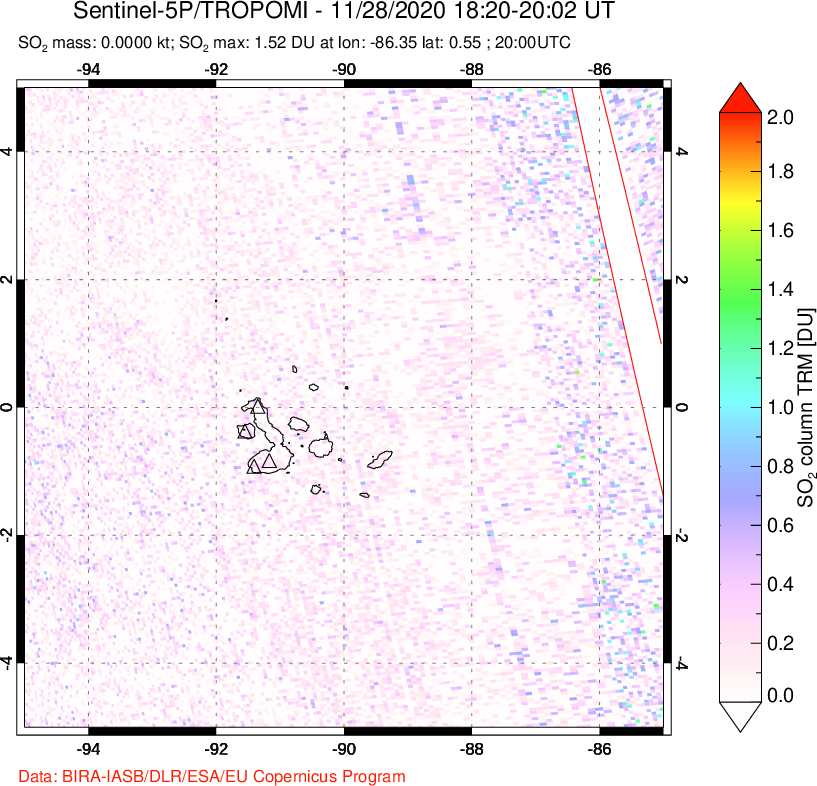 A sulfur dioxide image over Galápagos Islands on Nov 28, 2020.
