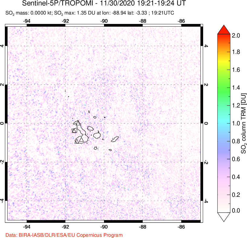A sulfur dioxide image over Galápagos Islands on Nov 30, 2020.