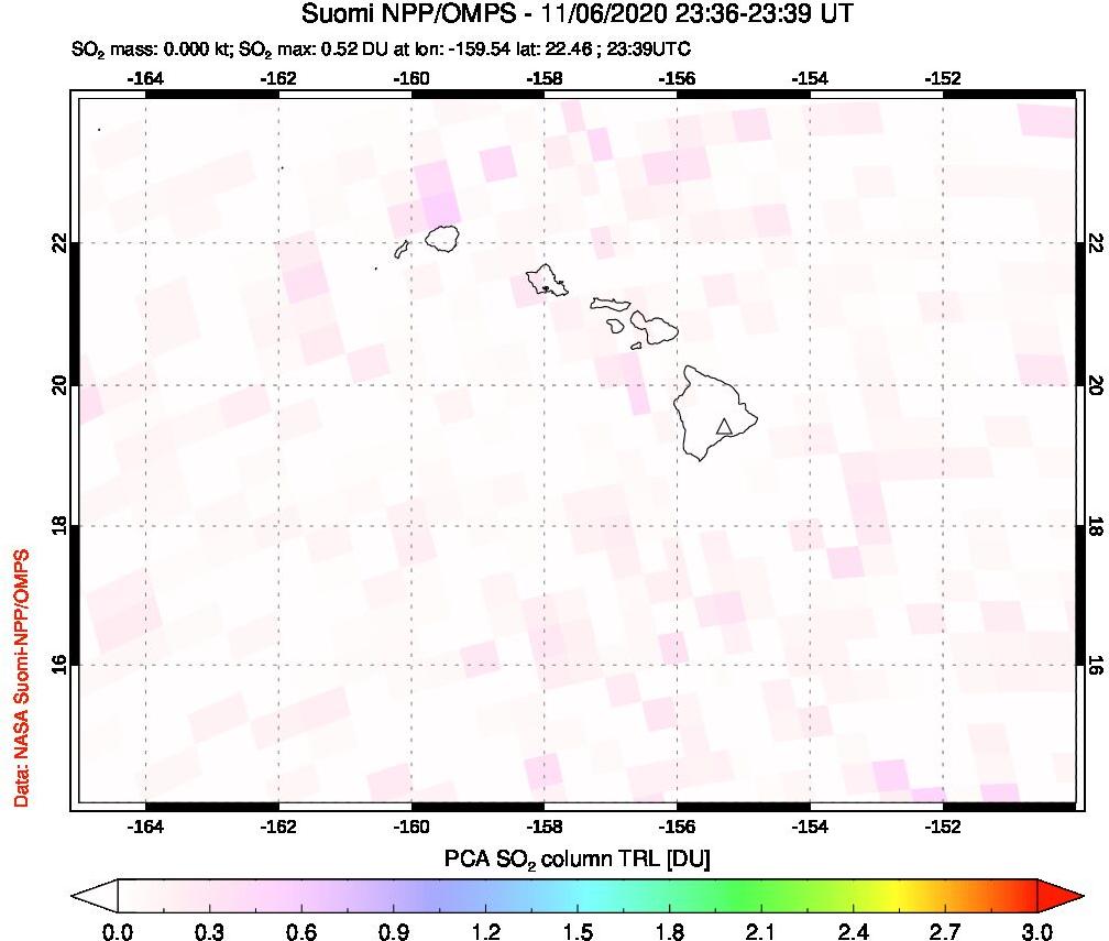 A sulfur dioxide image over Hawaii, USA on Nov 06, 2020.