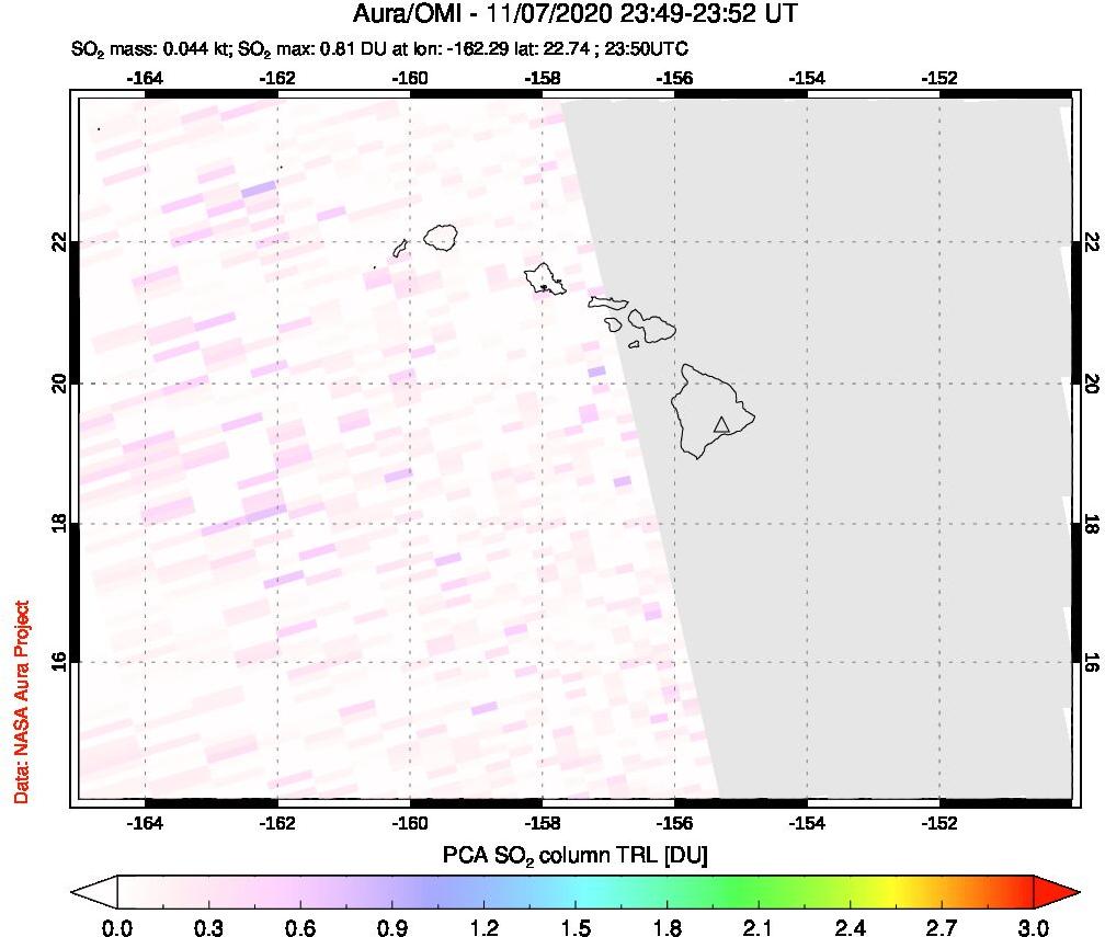 A sulfur dioxide image over Hawaii, USA on Nov 07, 2020.