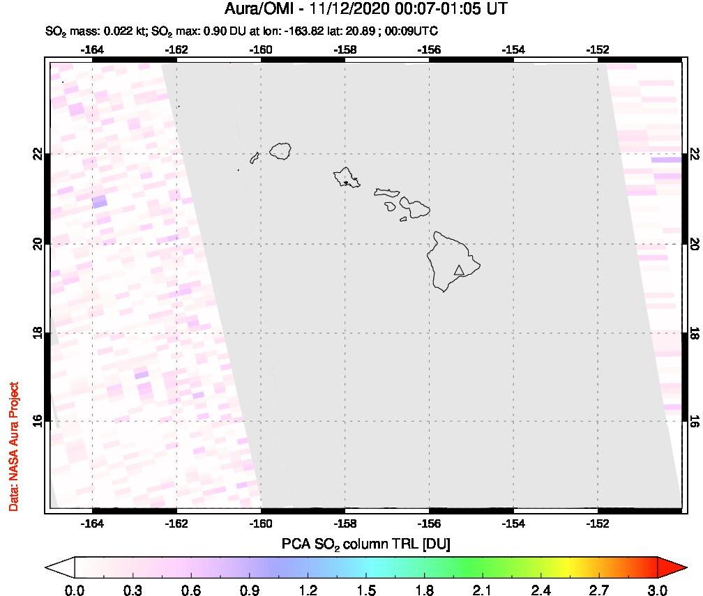 A sulfur dioxide image over Hawaii, USA on Nov 12, 2020.