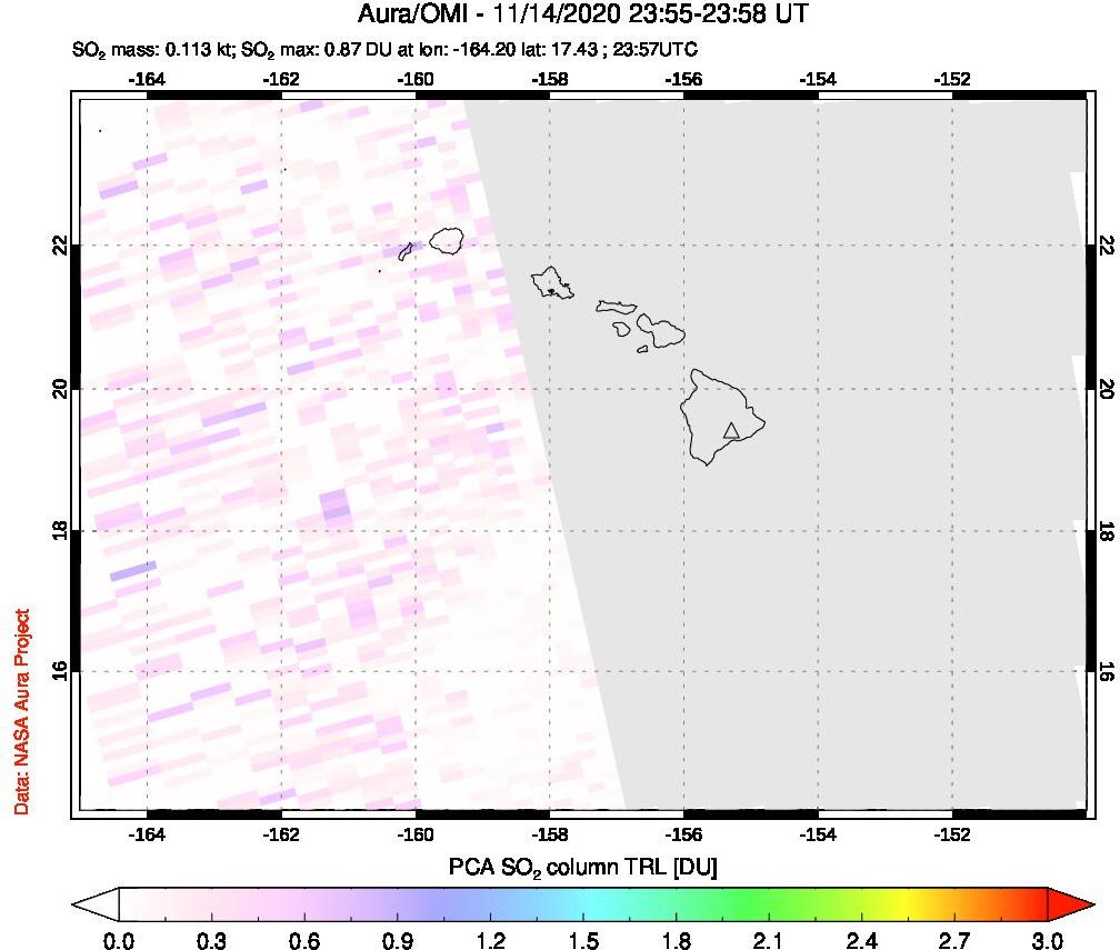 A sulfur dioxide image over Hawaii, USA on Nov 14, 2020.