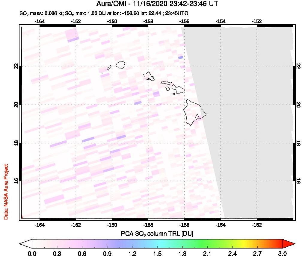 A sulfur dioxide image over Hawaii, USA on Nov 16, 2020.