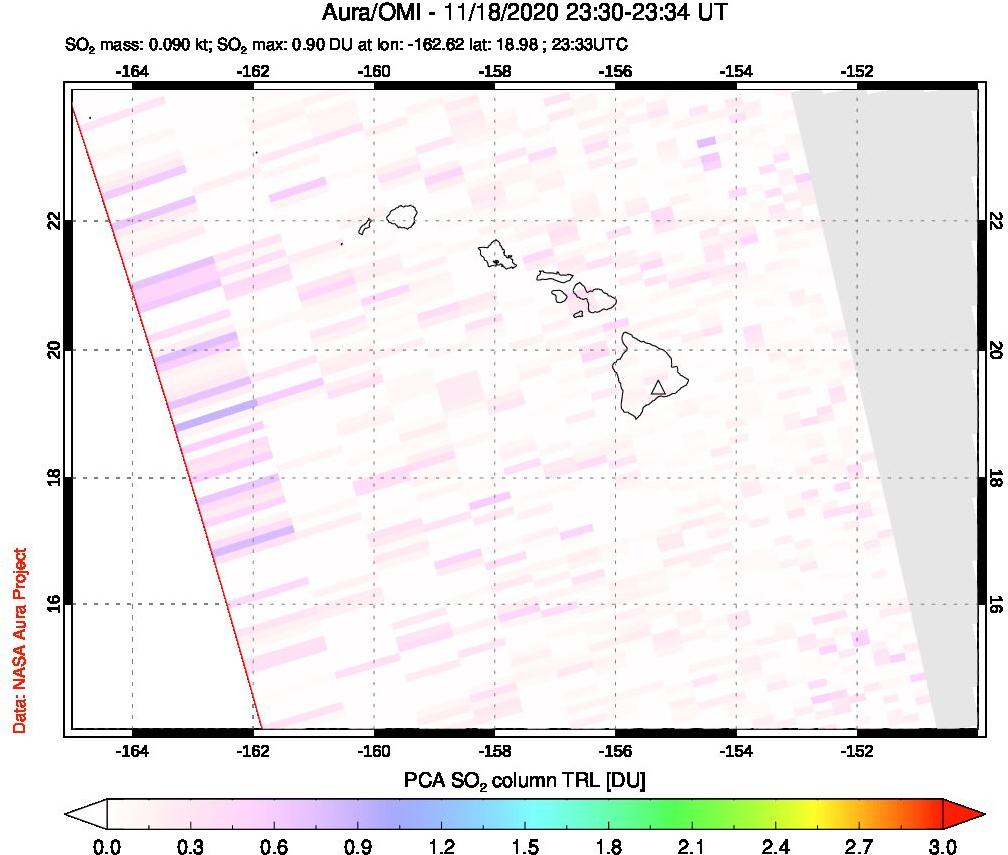 A sulfur dioxide image over Hawaii, USA on Nov 18, 2020.