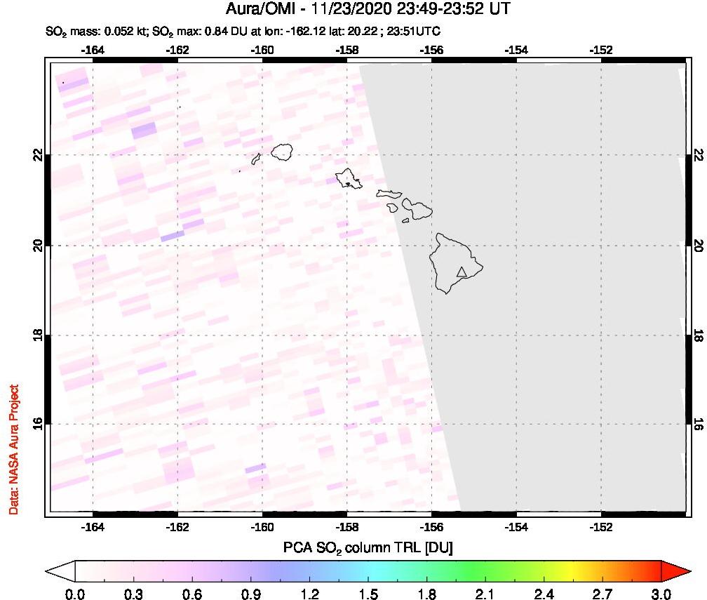 A sulfur dioxide image over Hawaii, USA on Nov 23, 2020.