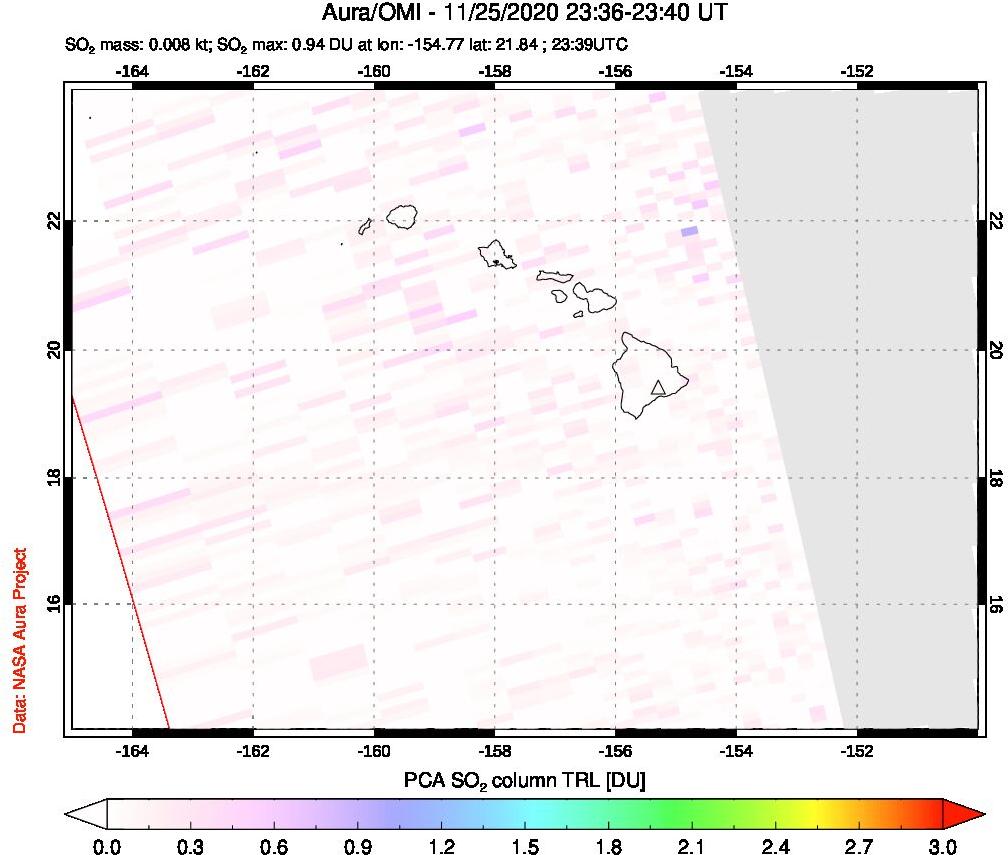 A sulfur dioxide image over Hawaii, USA on Nov 25, 2020.