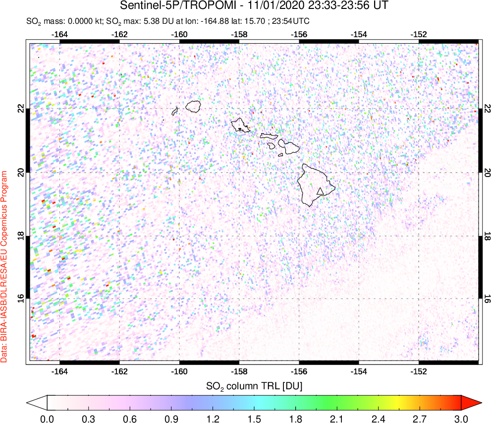 A sulfur dioxide image over Hawaii, USA on Nov 01, 2020.