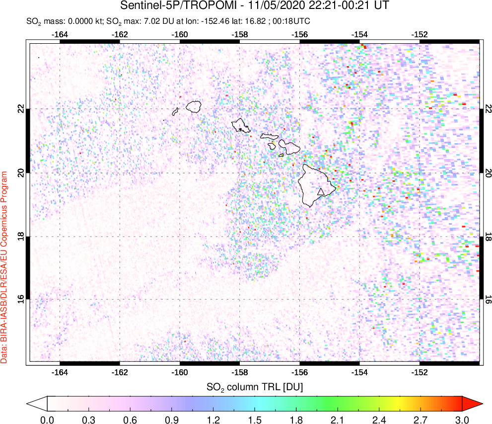 A sulfur dioxide image over Hawaii, USA on Nov 05, 2020.