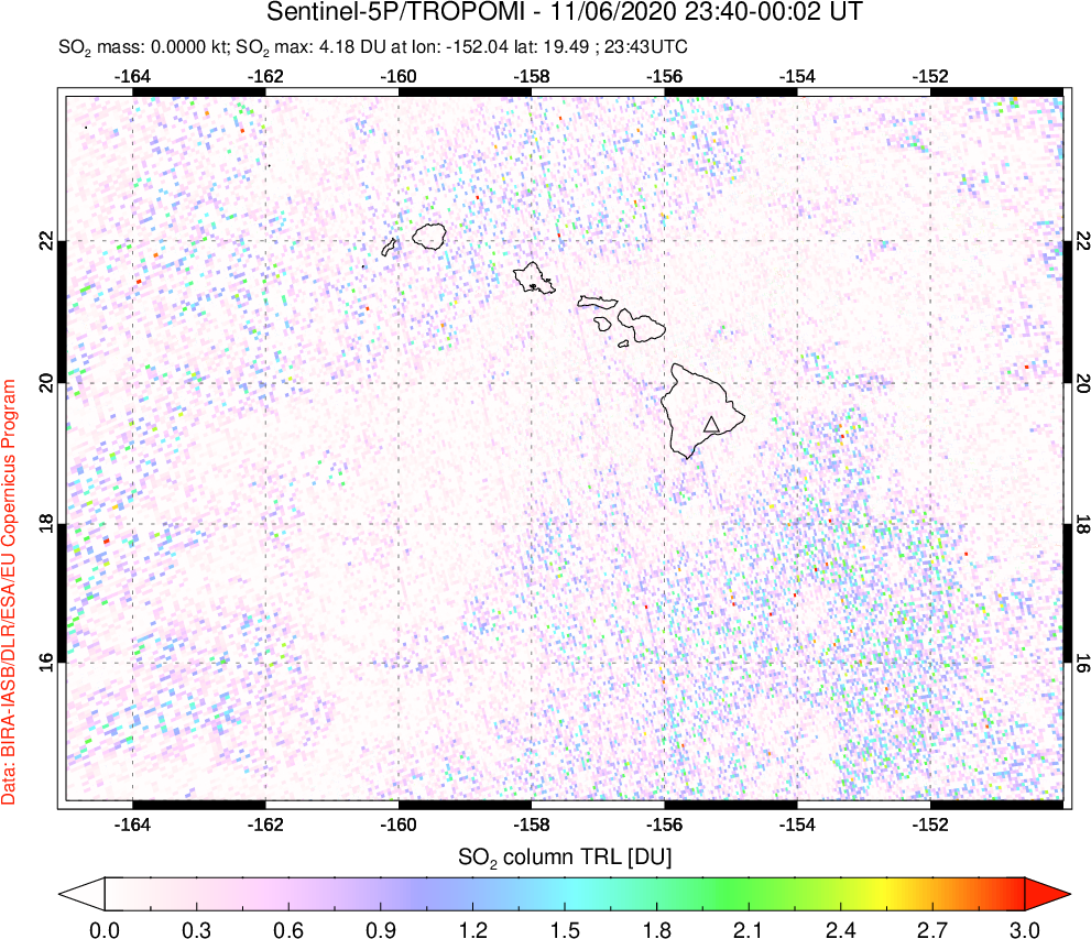 A sulfur dioxide image over Hawaii, USA on Nov 06, 2020.