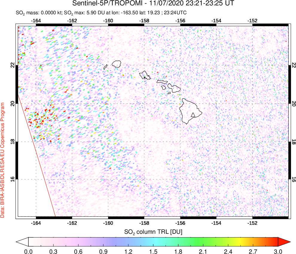 A sulfur dioxide image over Hawaii, USA on Nov 07, 2020.