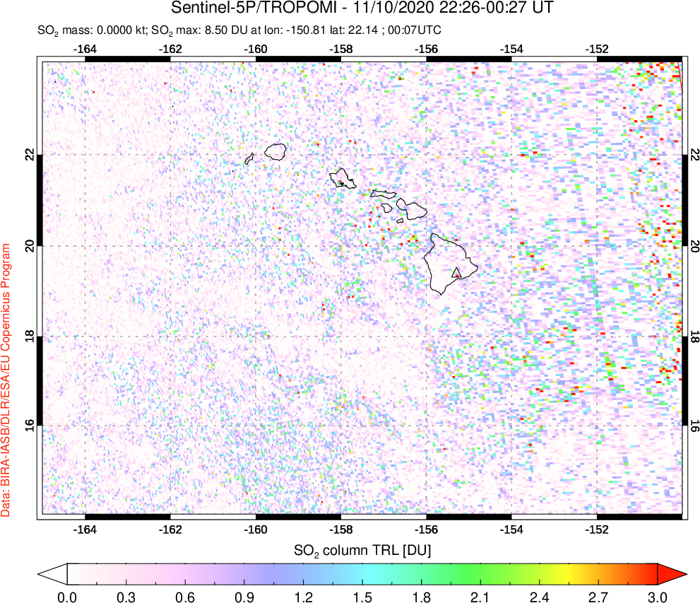 A sulfur dioxide image over Hawaii, USA on Nov 10, 2020.