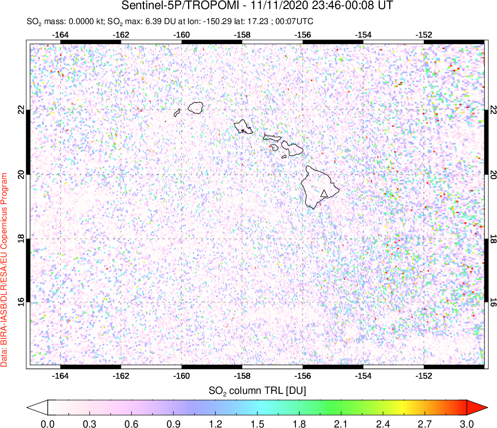 A sulfur dioxide image over Hawaii, USA on Nov 11, 2020.